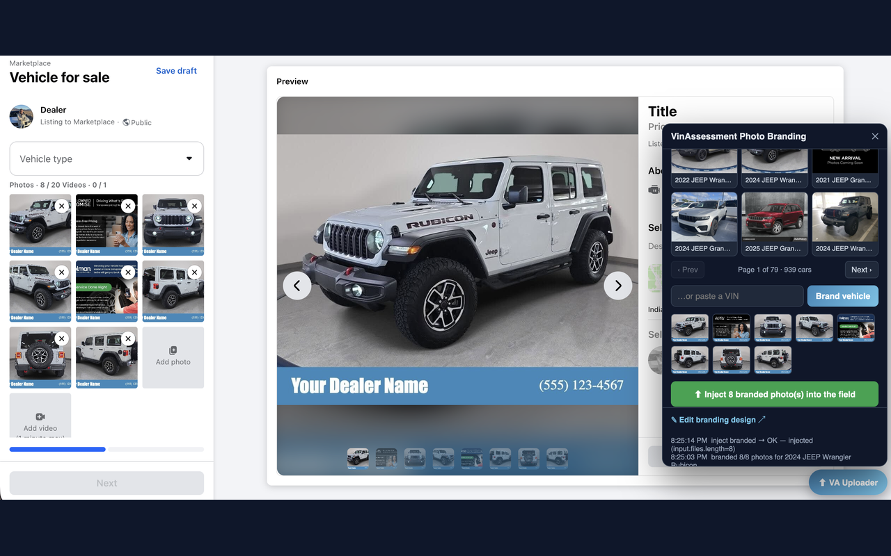 Facebook Marketplace vehicle listing with eight branded dealership photos in the photo grid and a branded Jeep in the listing preview