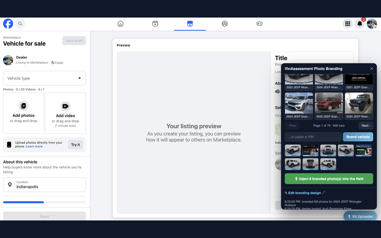 VinAssessment Photo Branding extension panel open on Facebook Marketplace, showing your dealership inventory and a green button to inject branded photos into the listing