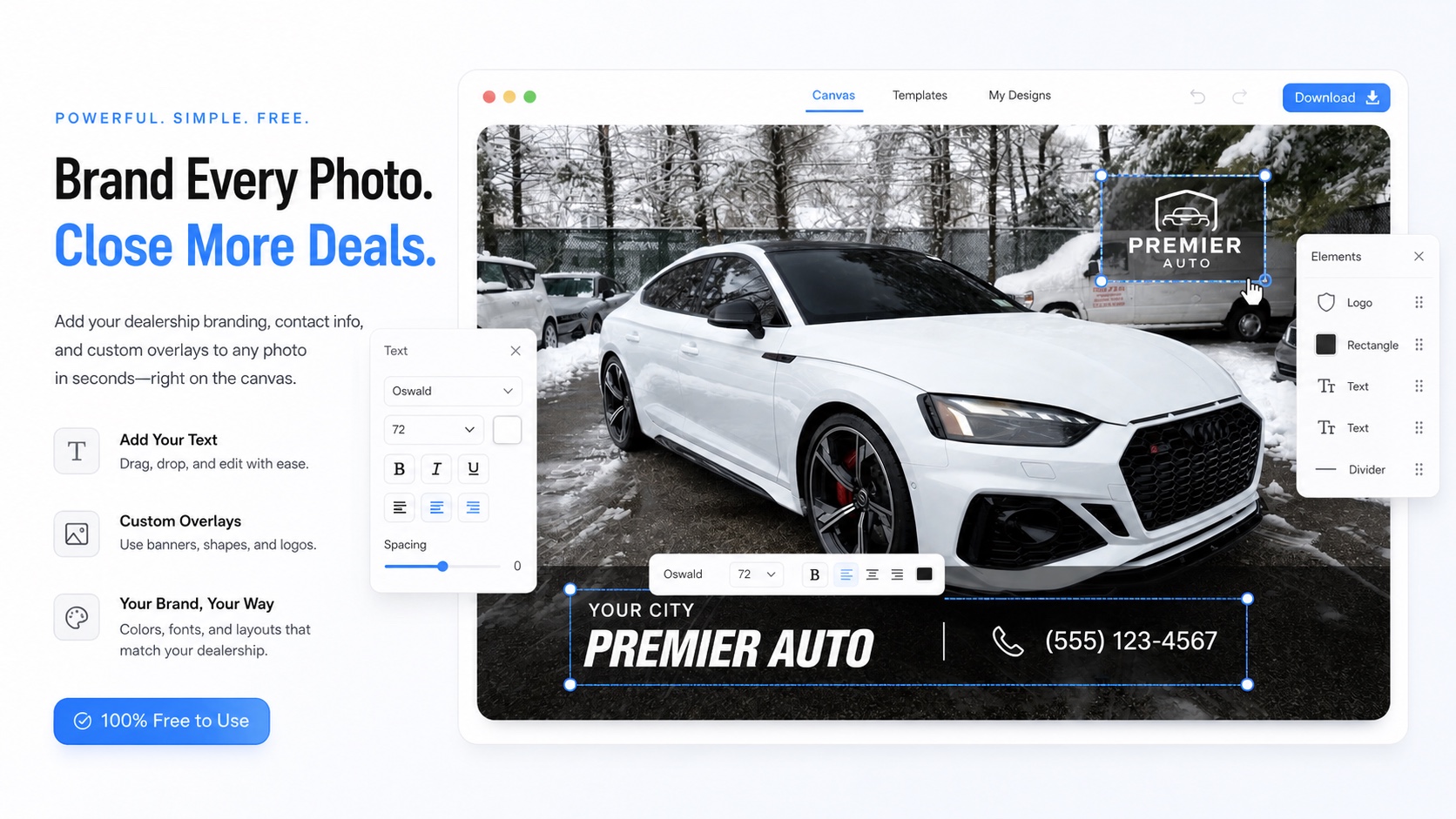 Photo branding tool preview — vehicle photo with dealership name and phone overlay applied