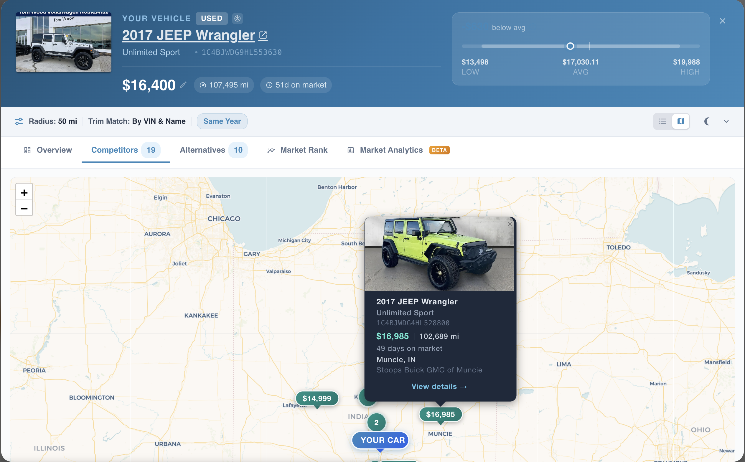 Competitor map showing nearby dealers selling the same vehicle, with a tooltip displaying price and details