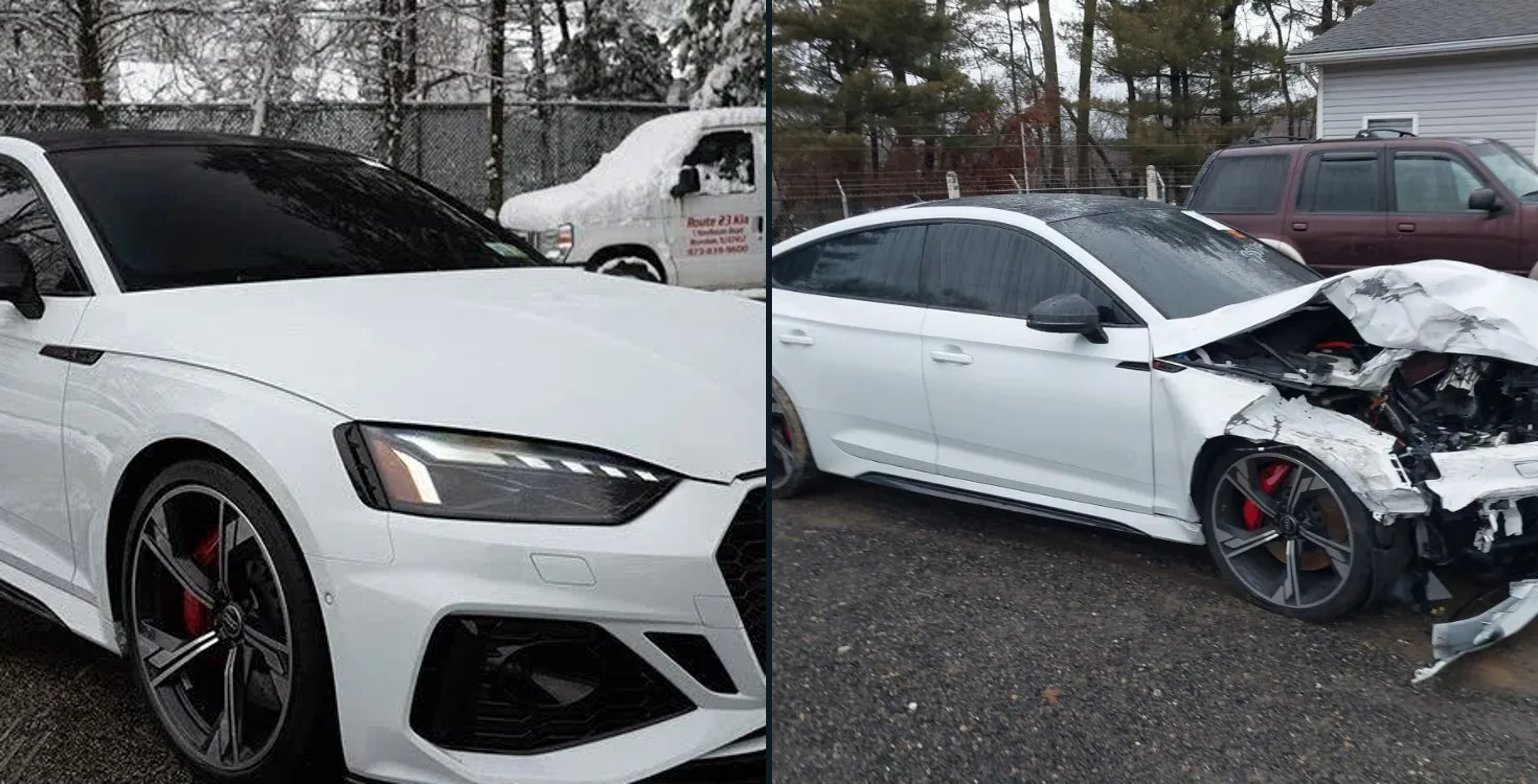The same Audi RS5 twice: the seller's clean listing photo beside its auction photo with heavy front-end damage