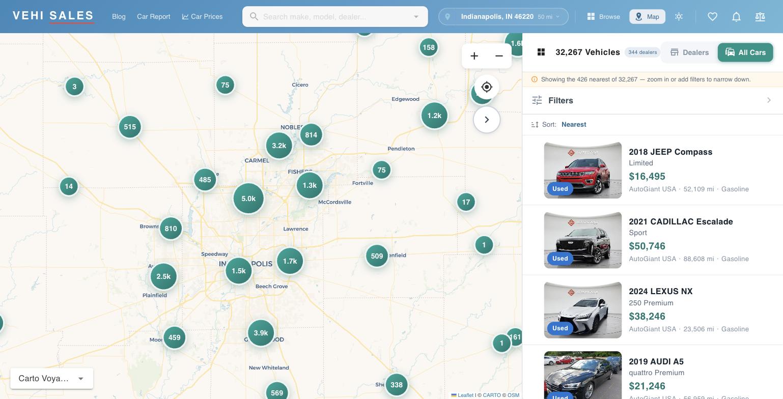VehiSales live map — 32,093 cars for sale around Indianapolis, clustered by dealer, with the nearest listings in a side panel