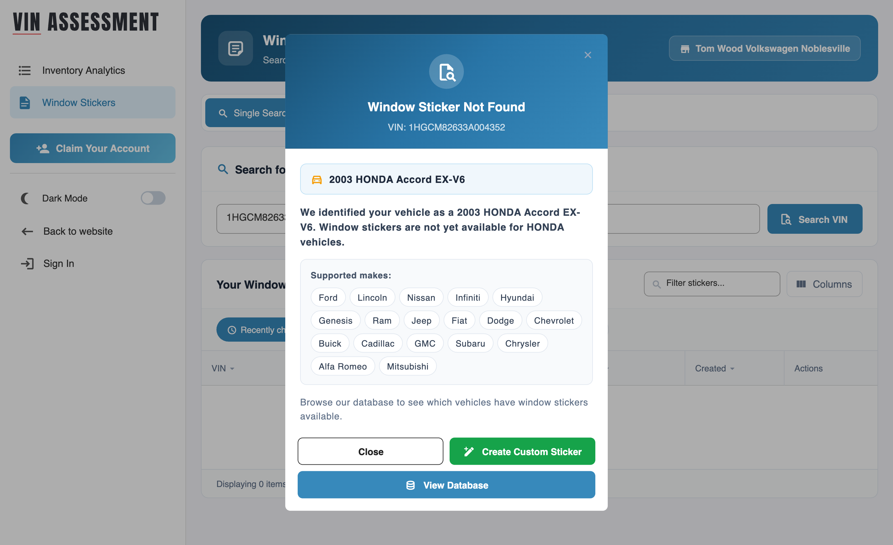 Modal offering to open the Custom Builder when no OEM Monroney record exists for the given VIN