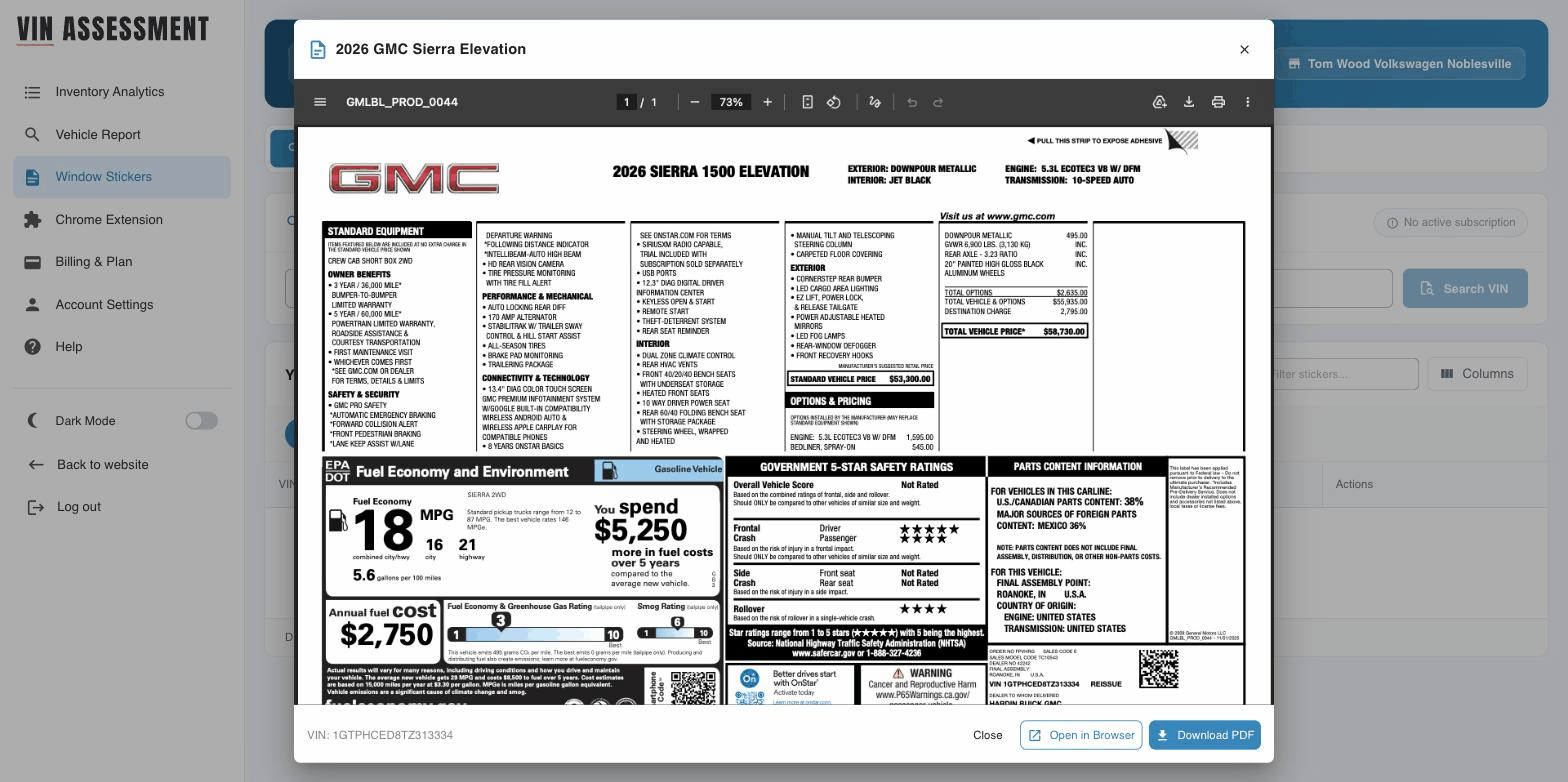 Window stickers screen showing a successful OEM Monroney preview for the searched VIN
