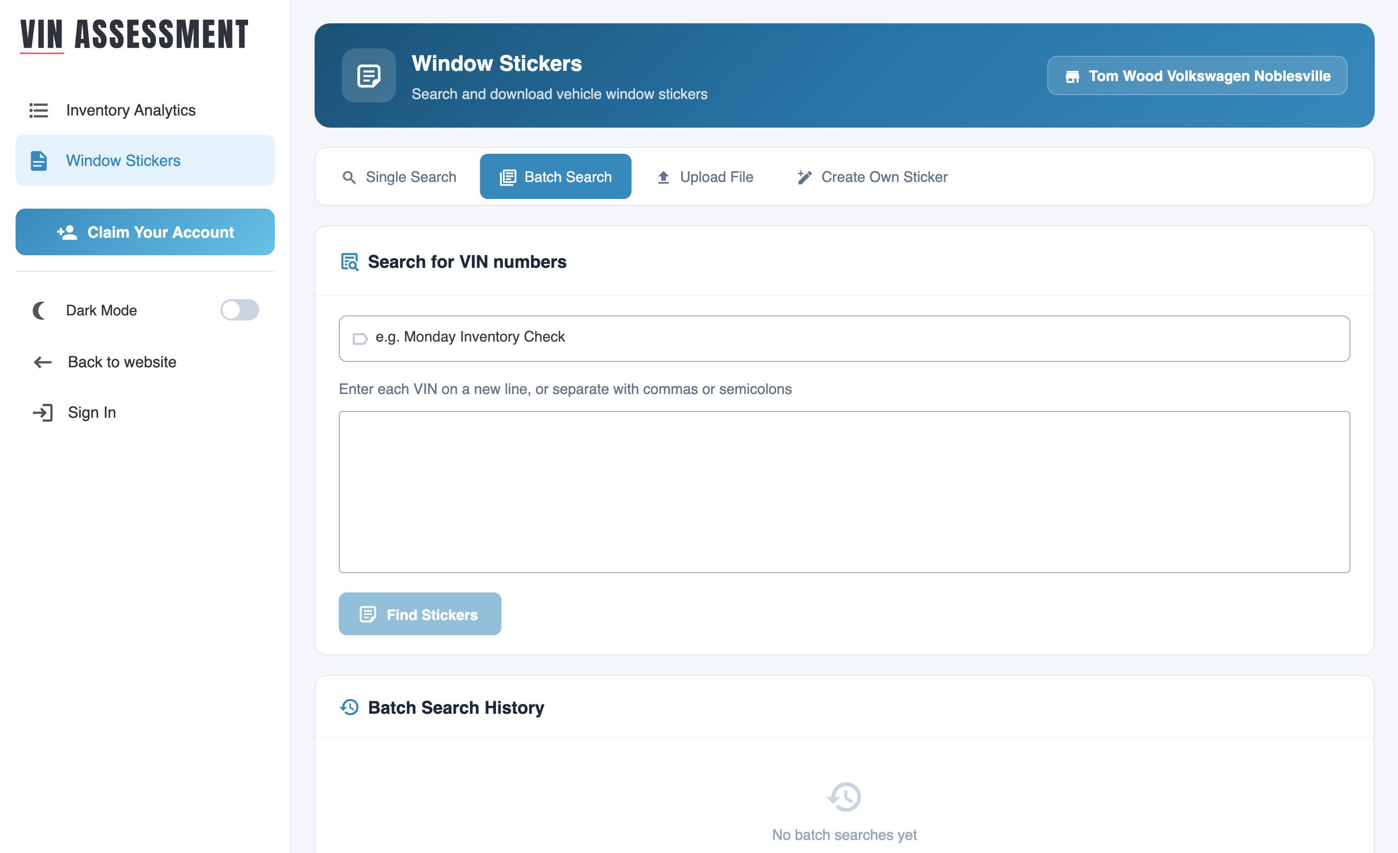 Batch VIN search screen for pasting many VINs and generating Monroneys in one pass
