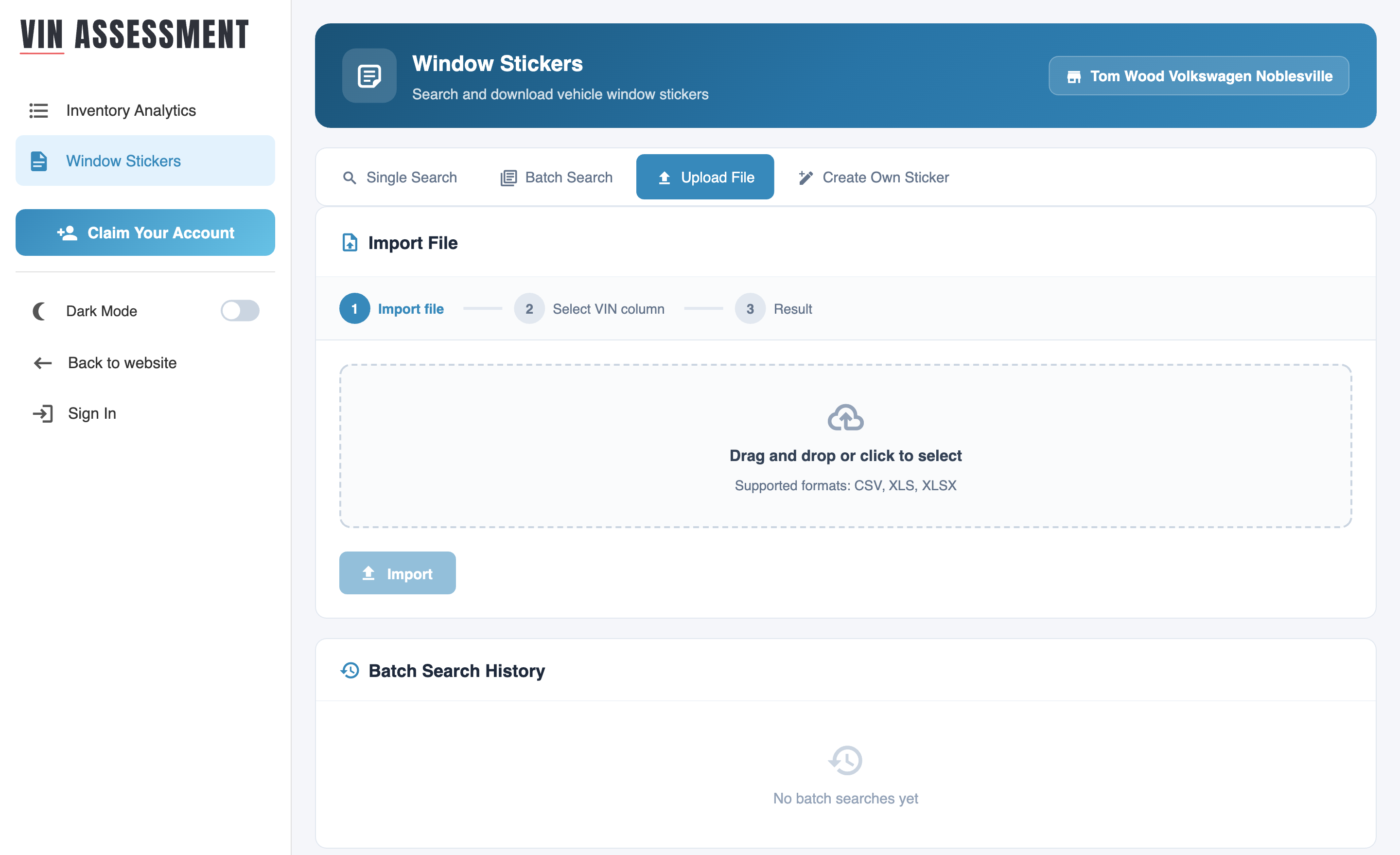 Three-step CSV / XLSX upload wizard that auto-detects the VIN column