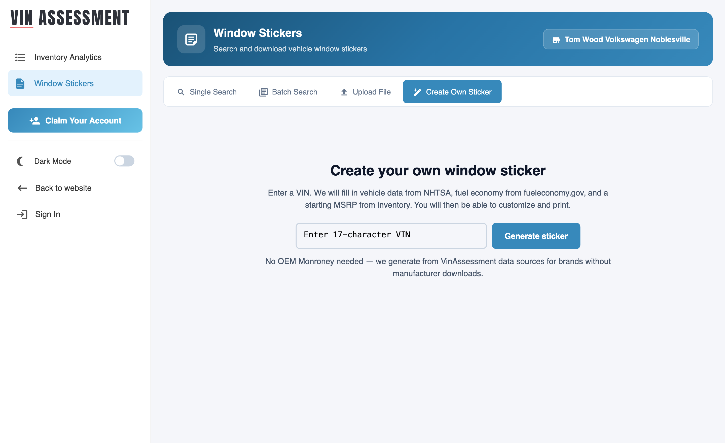 Custom Builder landing screen prompting for a VIN, with the option to create a sticker from scratch