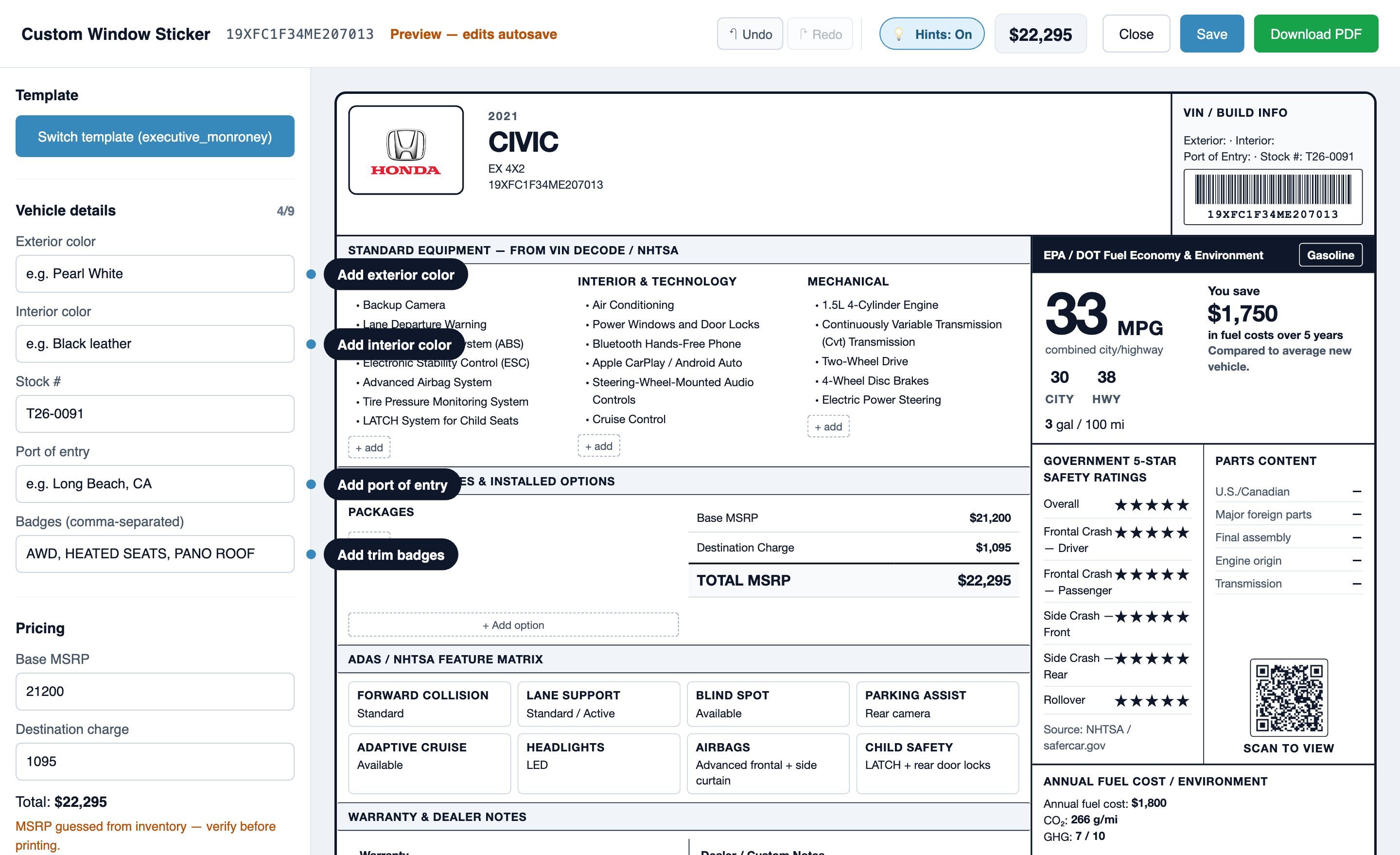 VinAssessment Custom Builder showing a partially completed Monroney-style sticker with live preview, fill hints, and 5 of 9 progress