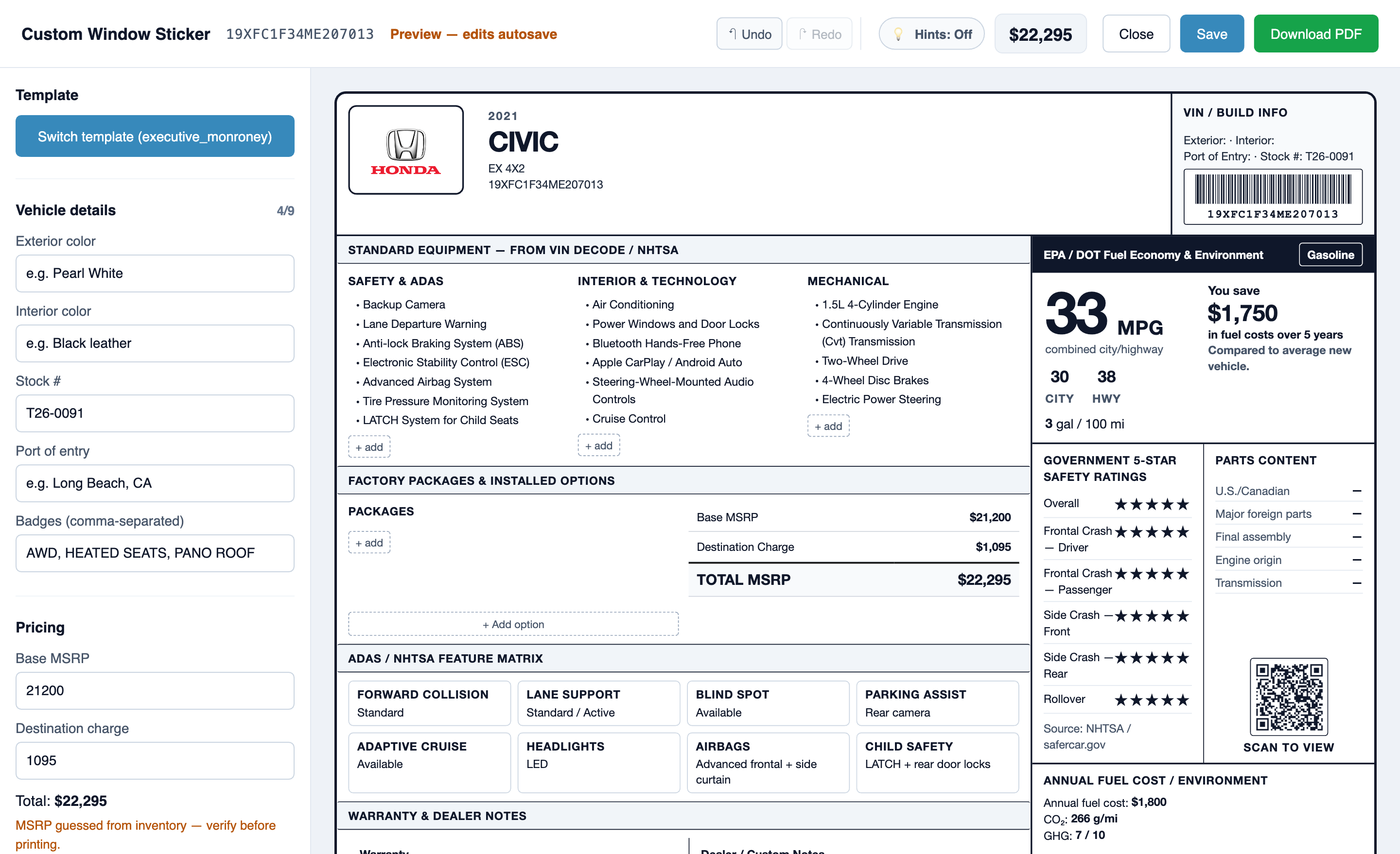 Custom Builder preview with hints turned off, presenting the clean print view of the finished Monroney-style sticker